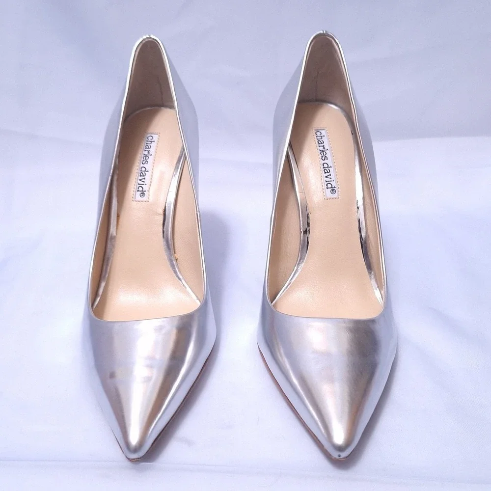 Charles David Sway Silver Mirror‎ Pointed Toe Stiletto Heels Pumps Sz 6 Y2K Gala